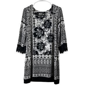 Alfani Sheath Dress Women’s Black White Floral Knee Length 3/4 Sleeve M